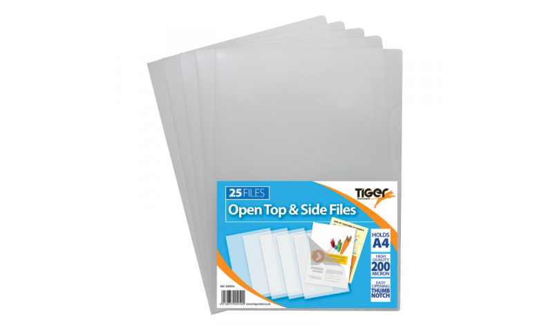 Tiger A4 Open Top & Side Letter Files, Strong 200mic, pack of 25, Clear.