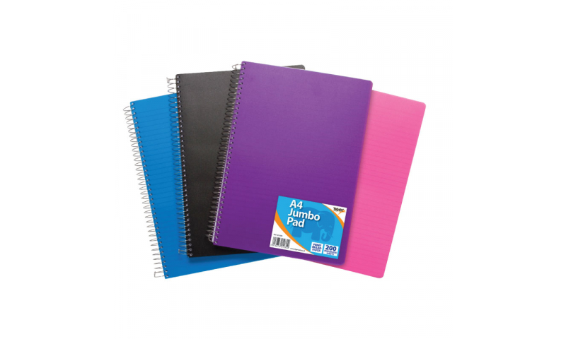 Tiger Wirobound A4 Jumbo Ruled Notebooks, 200 Sheets, Perforated, 600 mic Polyprop Cover 4 Asstd.