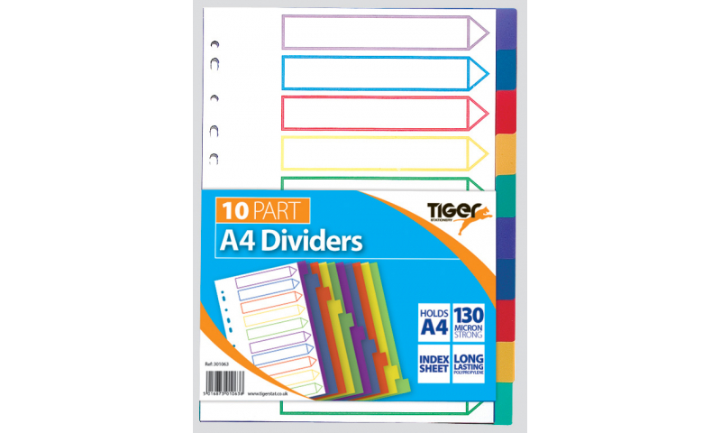 Tiger A4 10 Part Polypropylene Coloured Dividers (New Lower Price for 2021)