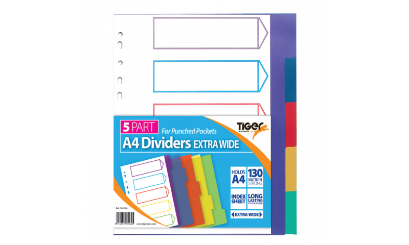 Tiger Extra Wide Multi-coloured Subject Dividers A4 5 Part