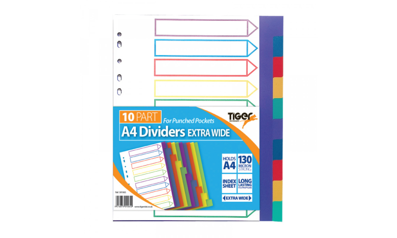 Tiger Extra Wide Multi-Coloured Subject Dividers A4 10 Part