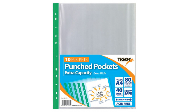 Tiger ECO A4 Multipunched Pockets, Heavy 80 Micron, with Extra Capacity for 40 Sheets, 10 Pack