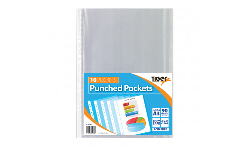 Tiger ECO A3 Glass Clear Punched Pockets, Portrait, 90mic, Pack of 10