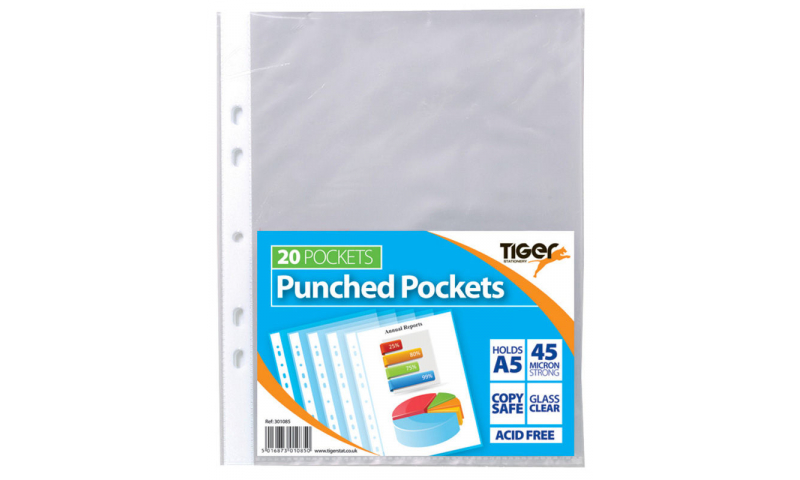 Tiger ECO A5 Glass Clear Punched Pockets, 45mic, Pack of 20