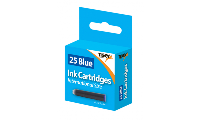 Tiger European Ink Cartridges, Box of 25, Hangpacked, Blue