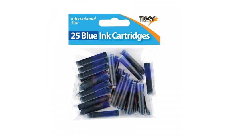 Tiger European Ink Cartridges, Bag of 25, Hangpacked, Blue.