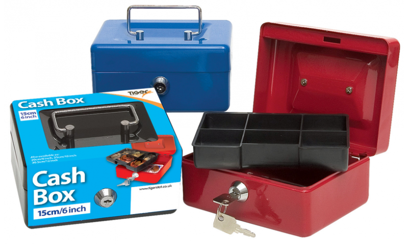 Tiger 6" Steel Cash Box, Metal handle, 2 Keys, Removable 6 compartment tray, 3 Asstd Colours.