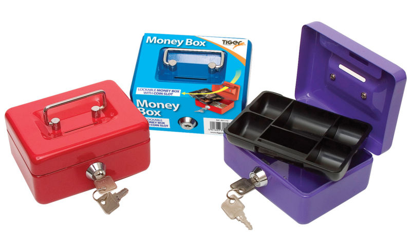 Tiger Metal Locking 5" Money Box with cash tray & top Slot, Asstd