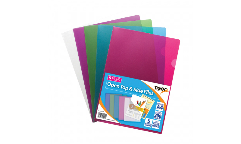 Tiger A4 Open Top & Side Letter Files, Strong 200mic, pack of 5, Asstd Colours.