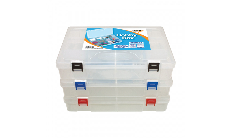 Tiger Tuff Box, Hobby Box, 20mm with 12 adjustable compartments, Clip Lock Lid, Asstd Colour Trim.