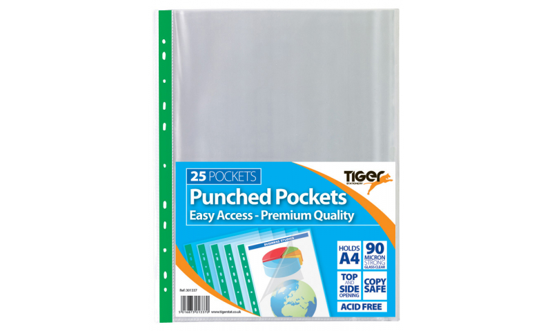 Tiger ECO 90mic A4 H/Duty Top & side open Punched Pocket/Letterfile 25pk