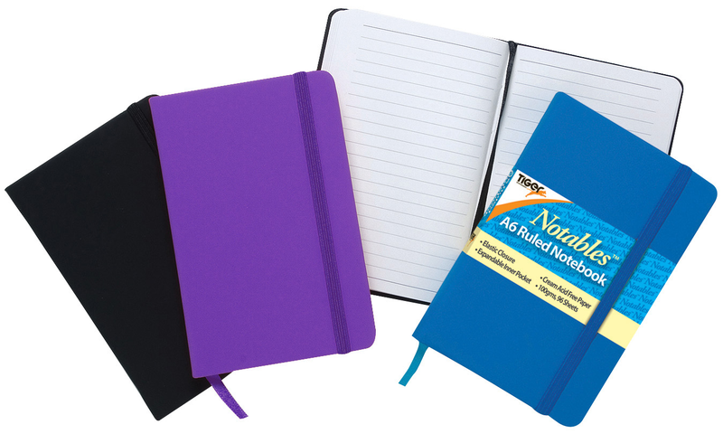 Tiger A6 Elastic Strap Executive Notebooks, Ruled, 96 sheets, 100gsm in display, Asstd Colours.