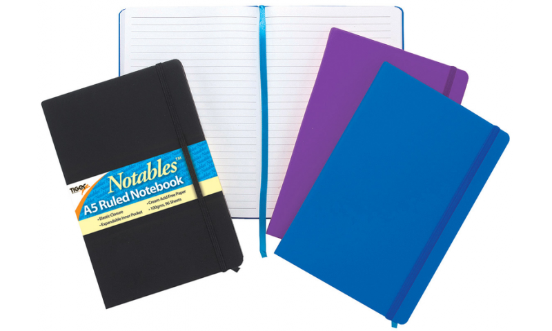 Tiger A5 Elastic Strap Executive Notebooks, Ruled, 96 sheets, 100gsm in display, Asstd Colours.