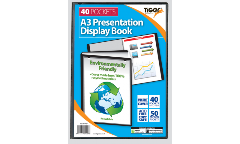 Tiger Recycled A3 Presentation Display Book, 40 Pocket