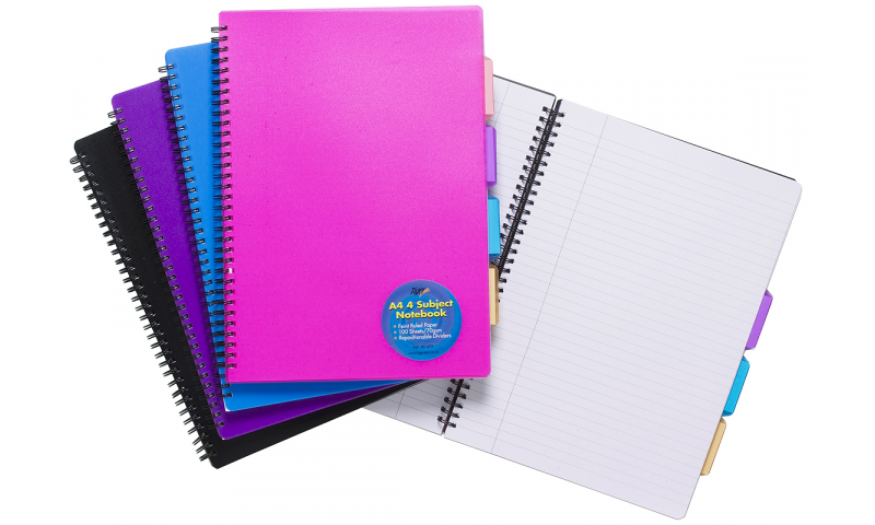 Tiger A4 Twinwire 4 Subject Notebook 100 Sheets, Feint Ruled, 70gsm Perfotated Pages, 600 Mic Cover. 4 Asstd Colours.