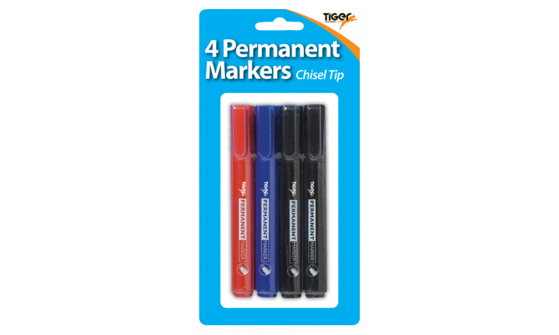 Tiger Permanent Markers, Card of 4 assorted.