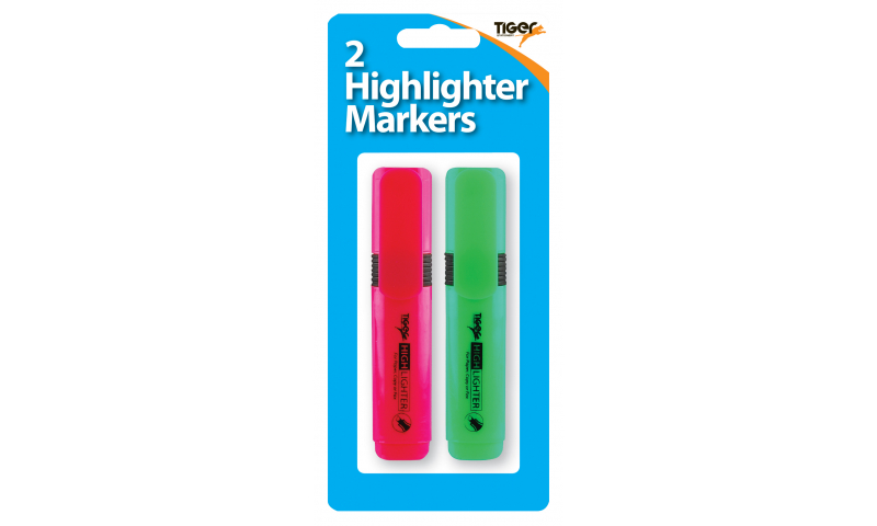 Tiger Flat Office Highlighters, 2 Pack Asstd, Carded. (New Lower Price for 2021)