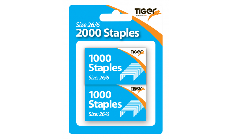 Tiger 26/6 (No56) Universal Staples, 2 x 1000 Blister Hangpack (New Lower Price for 2022)