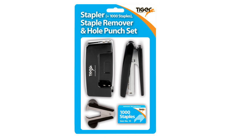 Tiger Stapling Set, No10 Stapler & Staples, Staple Remover & Student Punch Set, Carded