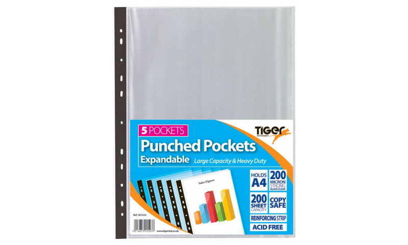 Tiger A4 Expandable Punched Pockets, 200 Sheet Cap. 200mic, pack of 5.