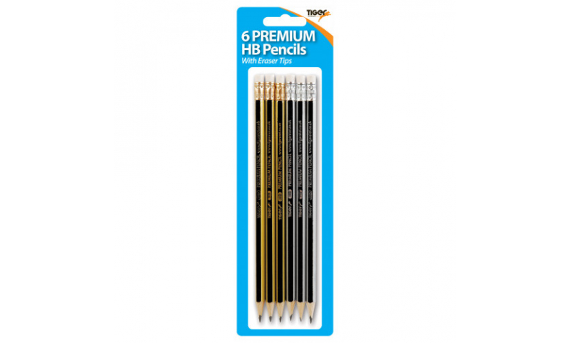Tiger Premium HB Eraser Tip Pencils, Card of 6.