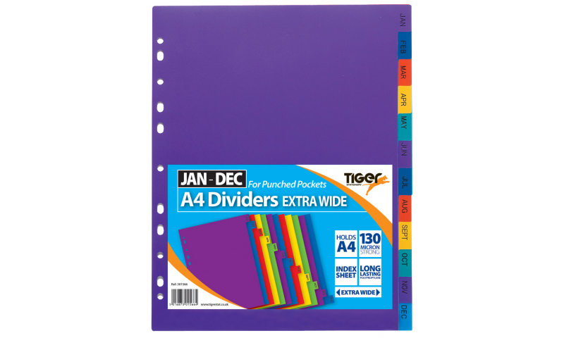 Tiger A4 Extra Wide, Jan - Dec 130 micron Monthly Polyprop Dividers