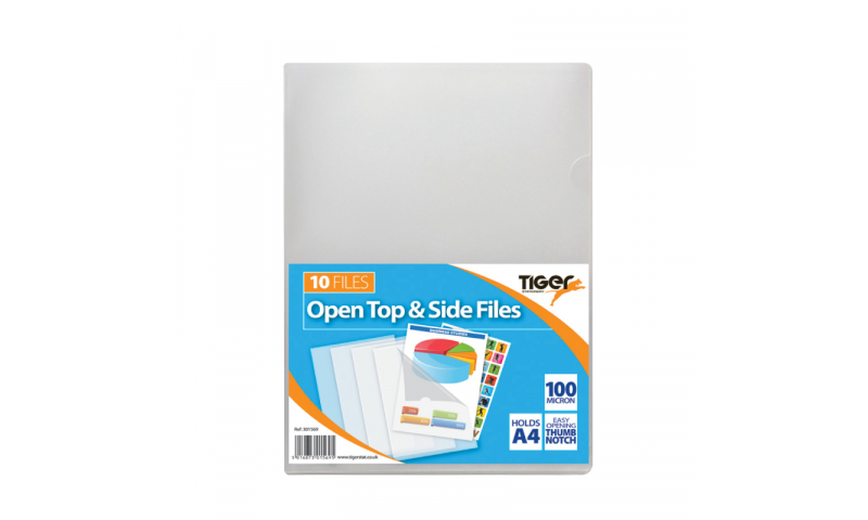 Tiger ECO A4 Open Top & Side Letter Files, 100mic, pack of 10, Clear.