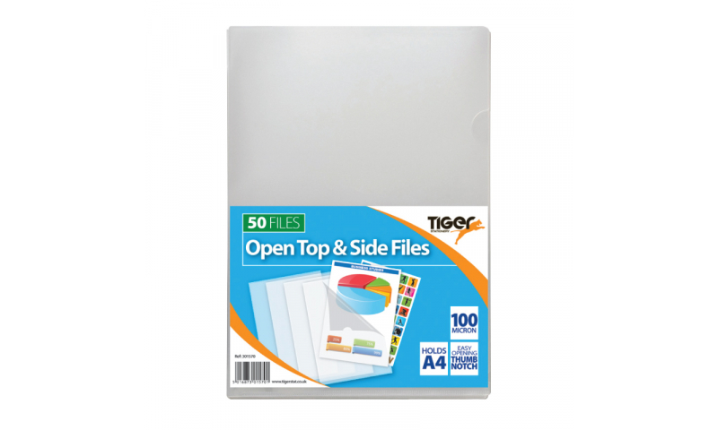 Tiger ECO A4 Open Top & Side Letter Files, 100mic, pack of 50, Clear.