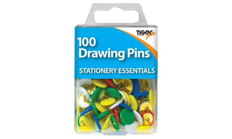 Tiger Essentials, 100 Solid Head Drawing Pins 9.5mm Asstd Colours