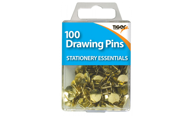Tiger Essentials, 100 Solid Head Drawing Pins 9.5mm Brass