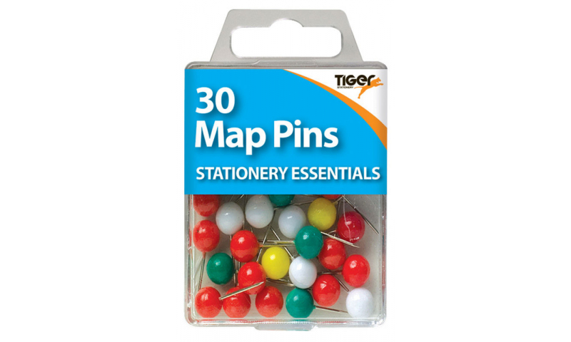 Tiger Essentials, 30 Map Pins Asstd Colours