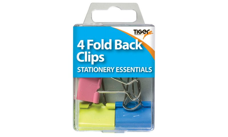 Tiger Essentials, 4 Foldback Clips 19mm Asstd Colours