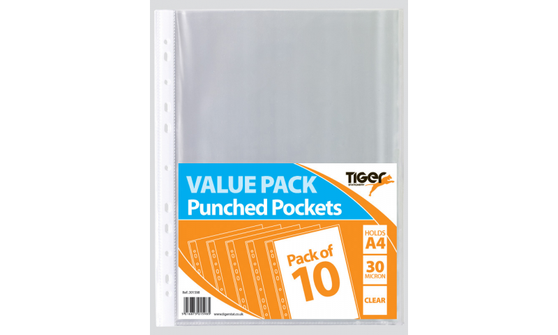 Tiger ECO 30Mic Value Pack A4 Punched Pockets, 10pk Bagged. 100% Recycled