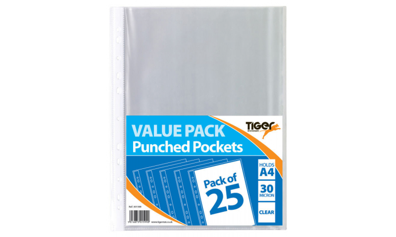 Tiger Eco A4 Recycled Punched Pockets, 25pk, 30Mic Value Pack, Bagged.