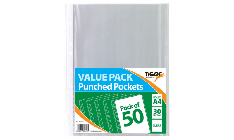 Tiger Eco A4 Recycled Punched Pockets, 50pk, 30Mic Value Pack, Bagged.