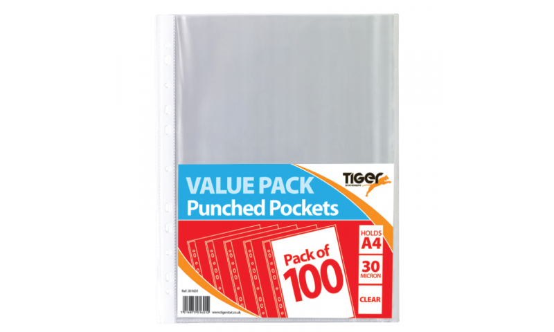 Tiger ECO 30Mic Value Pack A4 Punched Pockets, 100pk Bagged. 100% Recycled (New Lower Price for 2021)
