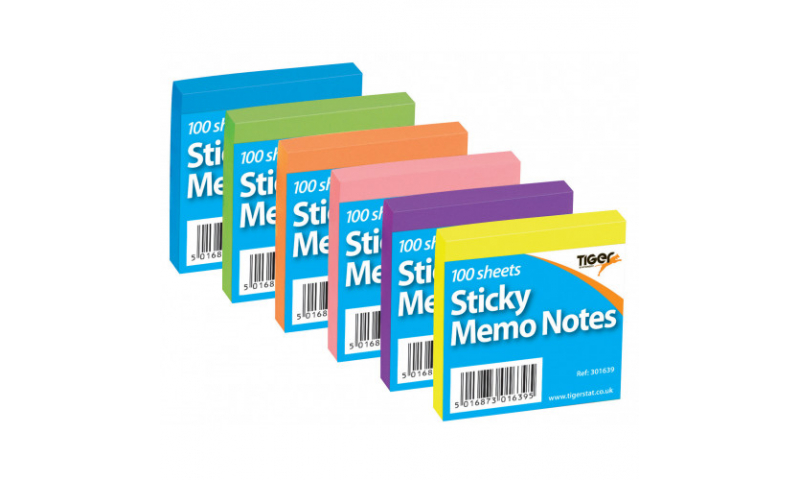 Tiger bright 3 x 3" Sticky Notes, pack of 100, 6 colours in CDU