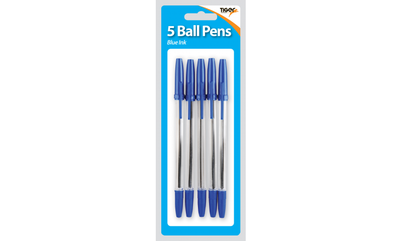 Tiger Ballpoint Stick Pens - Hangpack of 5, Blue or Black