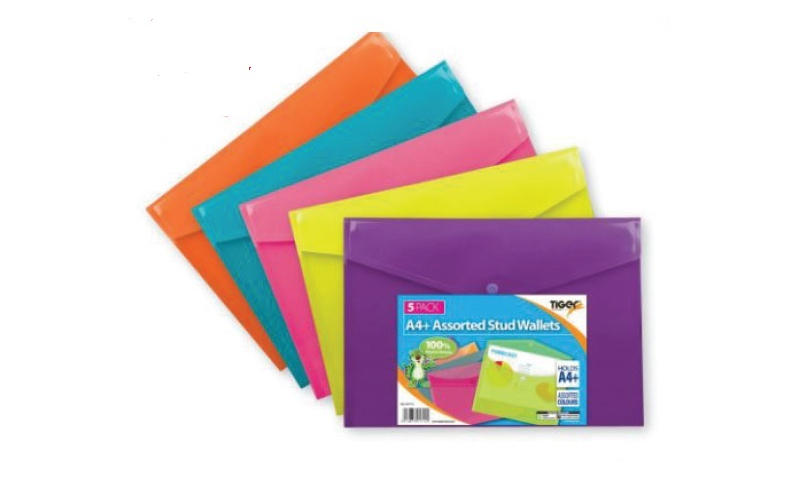 Tiger Eco A4+ Bright Colour Stud Wallets Pk 5 Asstd (New Lower Price for 2022)