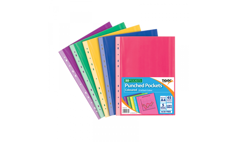 Tiger ECO A4 Coloured Punched Pockets, 45mic, pack of 50 (New Lower Price for 2022)