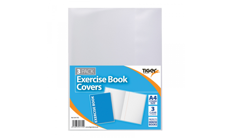 Tiger Clear Slip Over Exercise Book Covers - fits A4, pack of 3.   (New Lower Price for 2021)