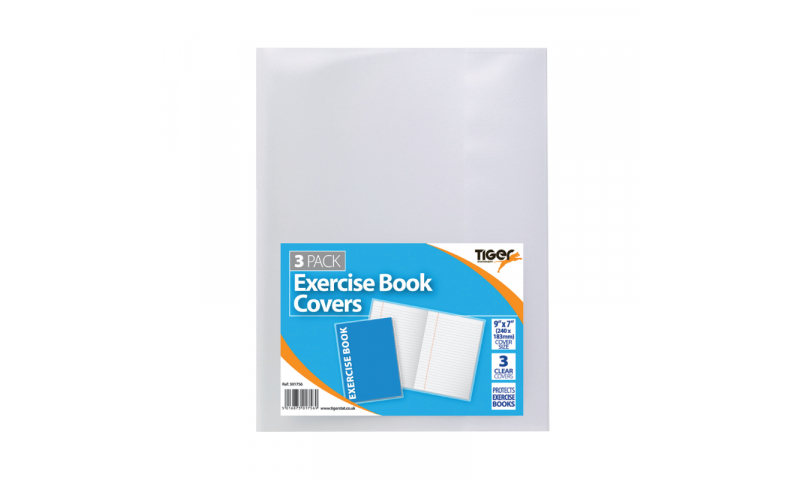 Tiger Clear Slip Over Exercise Book Covers - fits 9x7 inch, pack of 3.   (New Lower Price for 2021)
