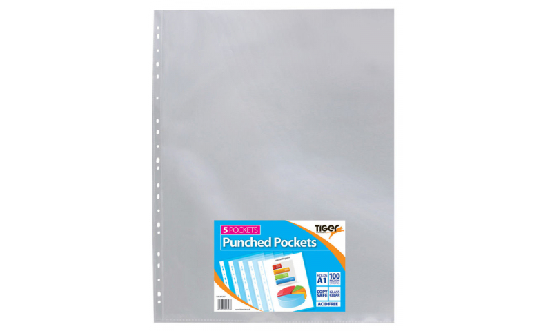 Tiger A1 ECO Glass Clear Punched Pockets, Portrait, 100mic, Pack of 5