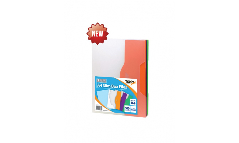 Tiger A4 Pack of 3 Polyprop 10mm Slim Box Files, Tab Closure, Bright Coloured Flaps, Asstd