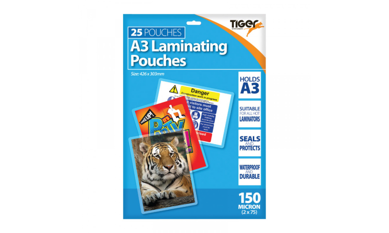 Tiger A3 Size 150 micron Lamination Pouches, Gloss, 25 Pack (New Lower Price for 2022)