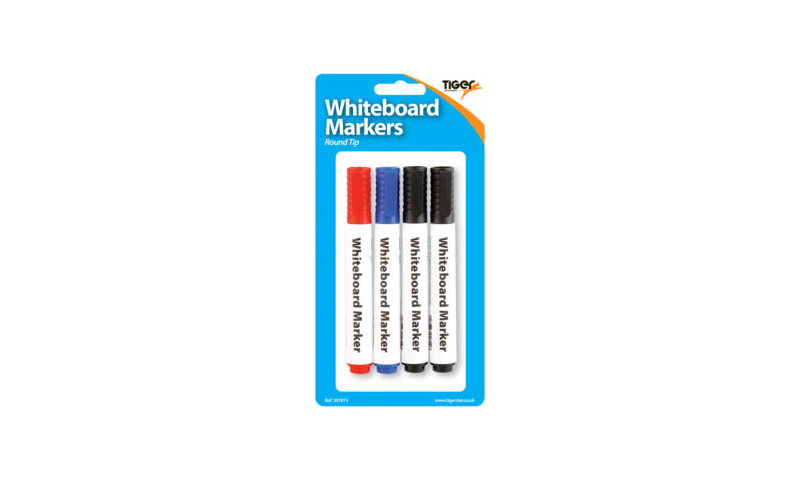 Tiger Large Bullet Tip Whiteboard Markers, 4 Pack Asstd, carded.  (New Lower Price for 2021)