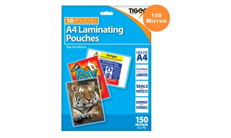 Tiger A4 Lamination Pouches, 150mic - Retail Pack of 10