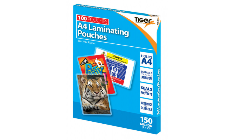 Tiger A4 Lamination Pouches Gloss, 150 Micron, Retail Colour Box of 100 (New Lower Price for 2022)