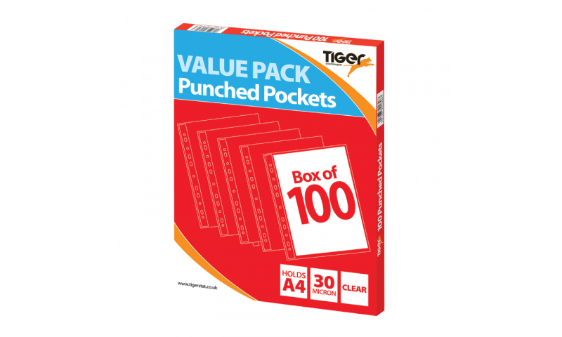 Tiger A4 Value Punched Pockets, 30mic, Box of 100