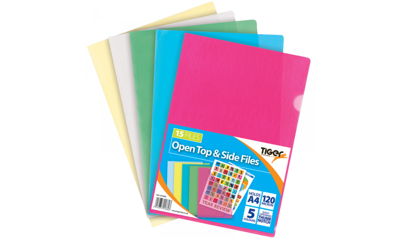 Tiger A4 Coloured P/Prop Letterfiles Top & Side, 120micron, 15pk